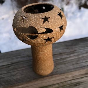 Pottery Sandstone Saturn Star Crescent Moon Candle Holder Signed Tim 6.5” Tall
